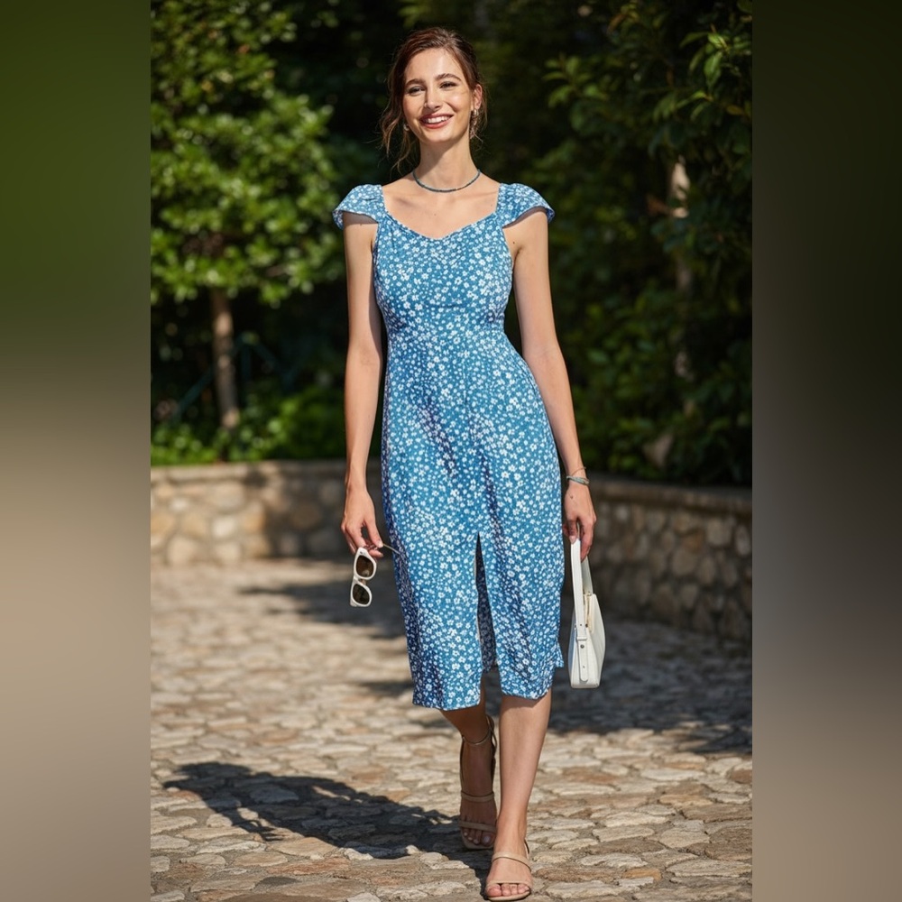 Cupshe Blue Ditsy Flutter Sleeve Midi Dress Sz S NWT Sweetheart Neckline Stretch